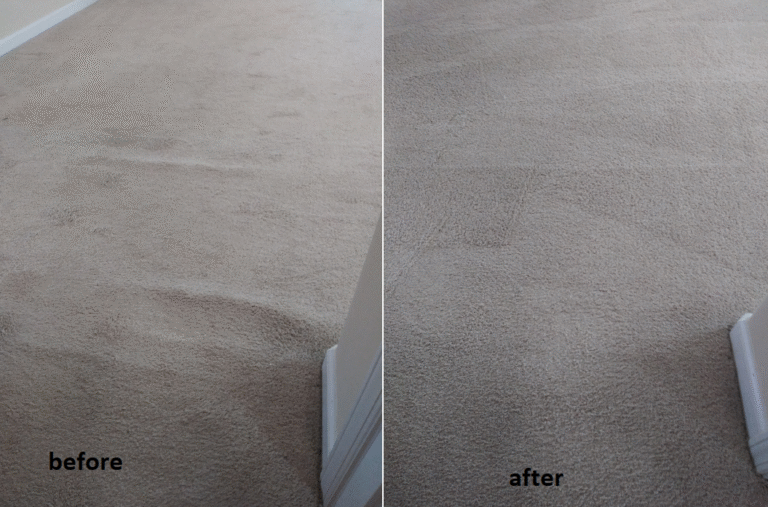 shows before and after stretching carpet to remove carpet buckles and ripples
