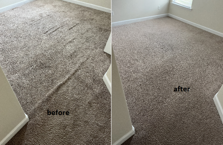 before and after re-stretching carpet to repair buckled and rippled carpet