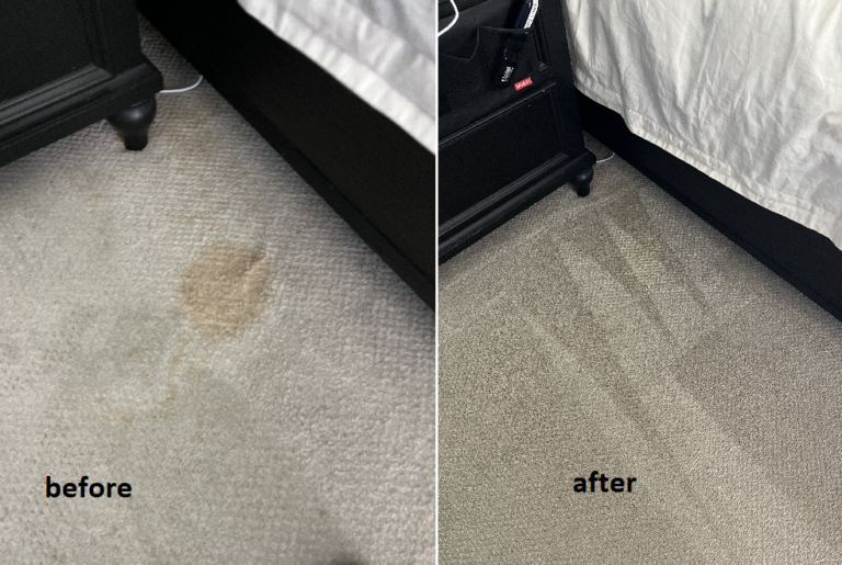 before and after picture showing removal of coffee stain and other difficult stains from carpet