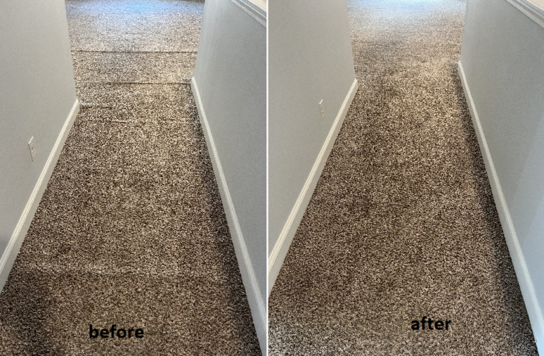 before and after picture showing results of Islands Carpet cleaners doing a carpet stretching job in Savannah, Georgia.