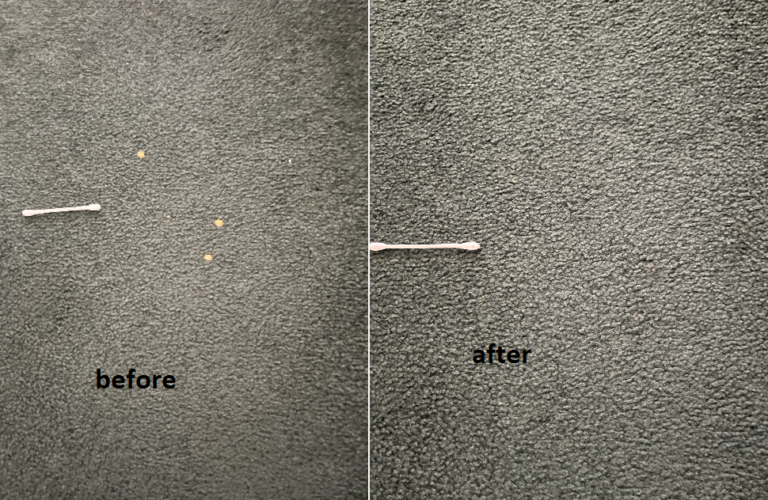 before and after picture of results from spot dye to repair bleach spots on carpet.