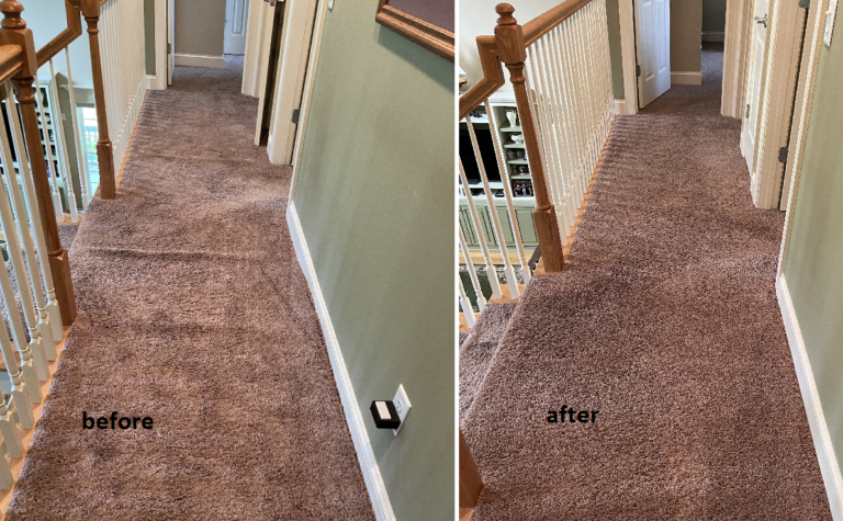 before and after picture of carpet stretching to remove ripples and buckles from carpet.