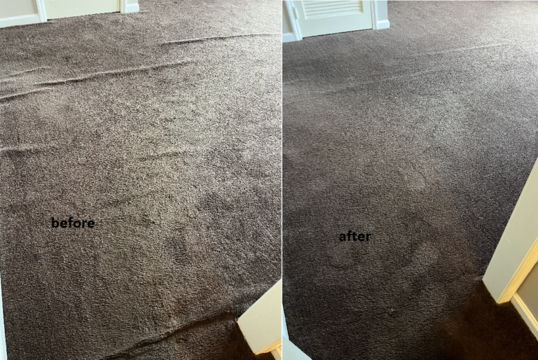 before and after picture showing carpet re-stretching results